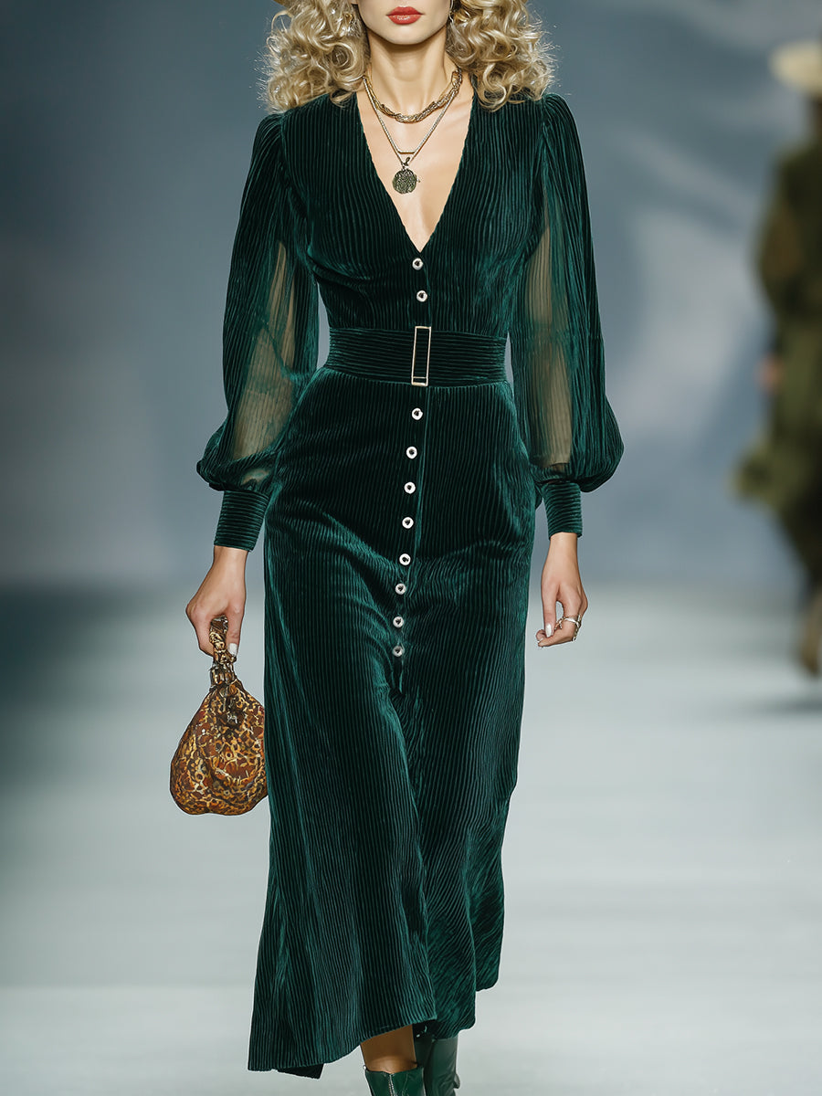 Robe Midi Vintage en Velours Côtelé Vert Foncé - Élégance Rétro