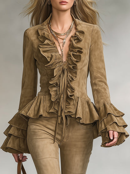 Ensemble Chic en Suédine Kaki avec Volants Vintage