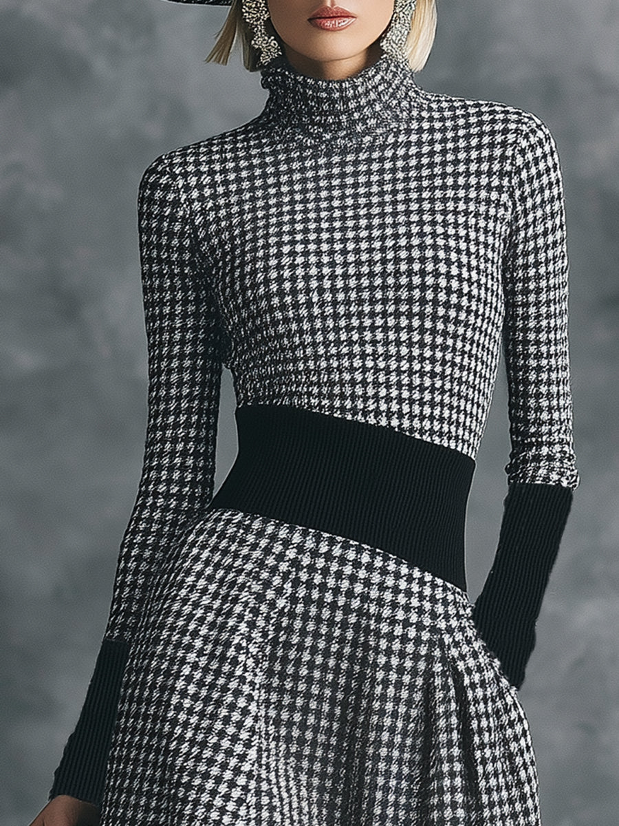 Robe Midi Houndstooth Chic à Col Montant Élégant