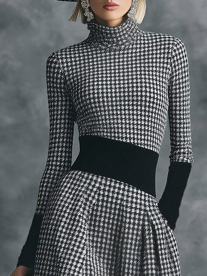 Robe Midi Houndstooth Chic à Col Montant Élégant