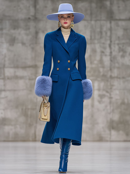 Chic Manteau en Laine Bleu avec Manches en Velours