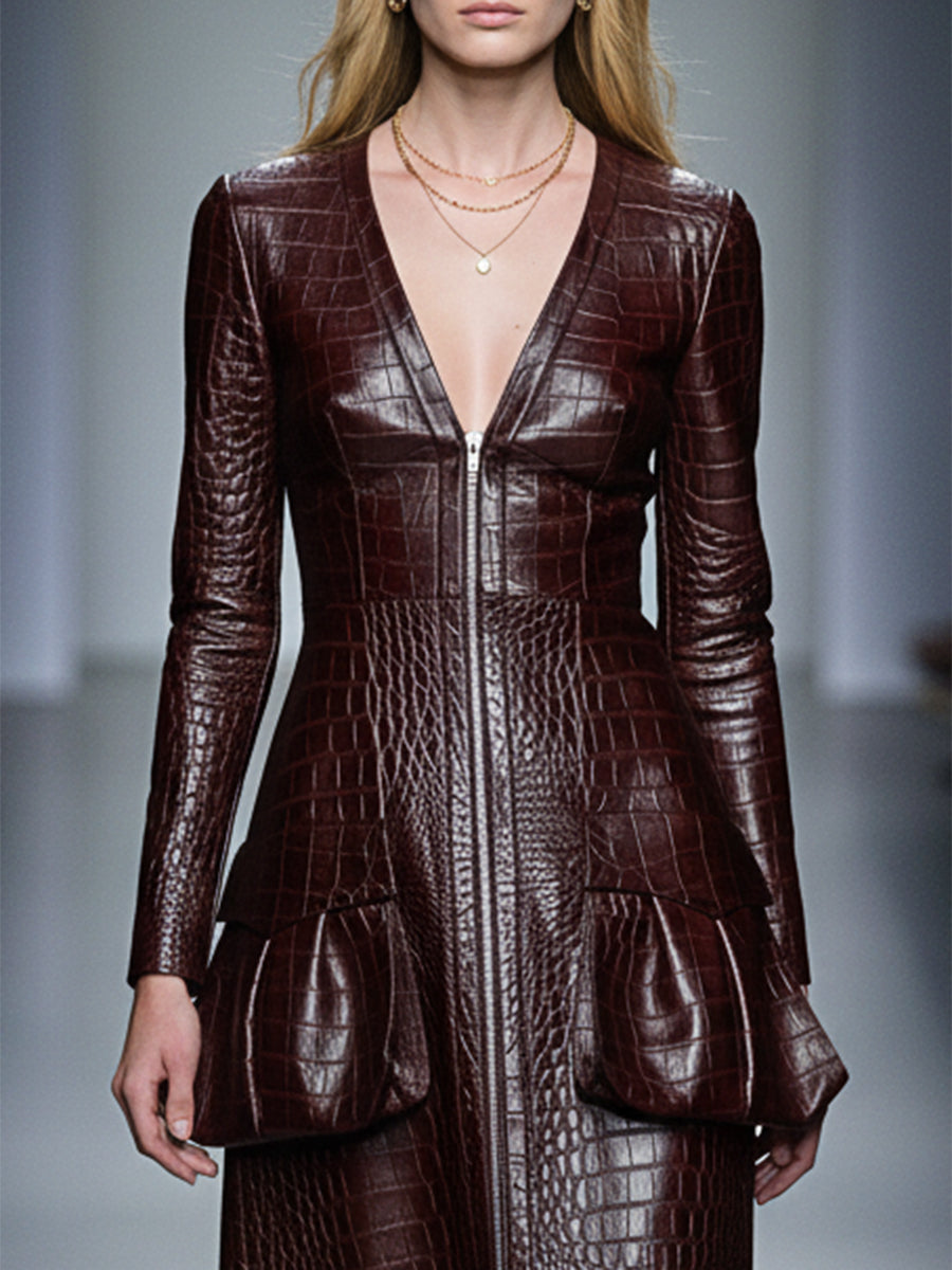 Robe Midi en Cuir PU Rouge Brun à Motif Crocodile avec Décolleté en V et Zip Chic