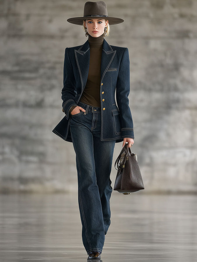 Veste en Jean Bleu Marine avec Détails Rétro