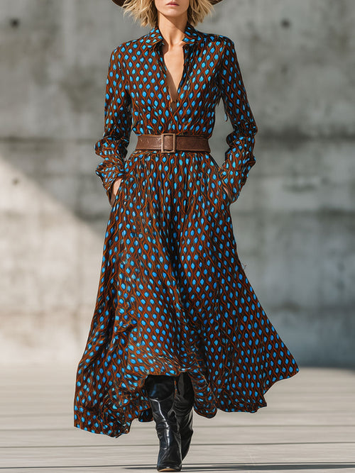 Robe Maxi Chemisier Vintage à Motif Diamant Bleu et Marron