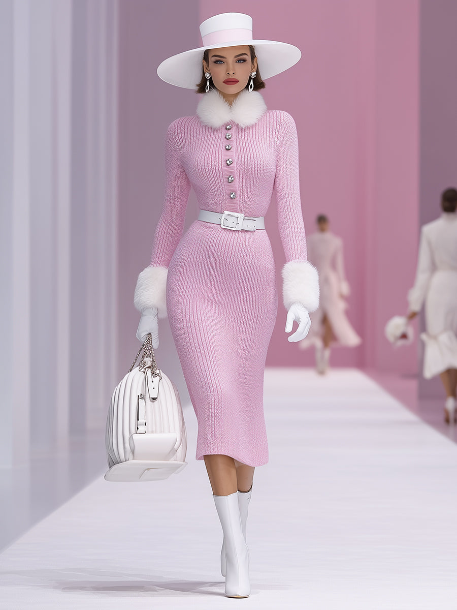 Robe Midi en Fausse Fourrure de Lapin avec Détails Roses et Boutons-Pression Élégants