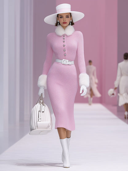 Robe Midi en Fausse Fourrure de Lapin avec Détails Roses et Boutons-Pression Élégants