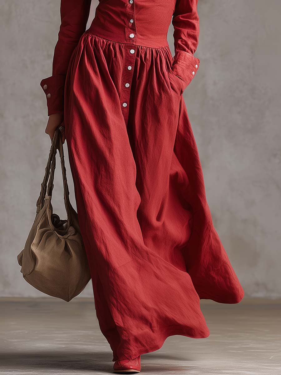 Robe Maxi Élégante en Coton et Lin Rouge - Style Coupe-Vent avec Détails Boutonnés