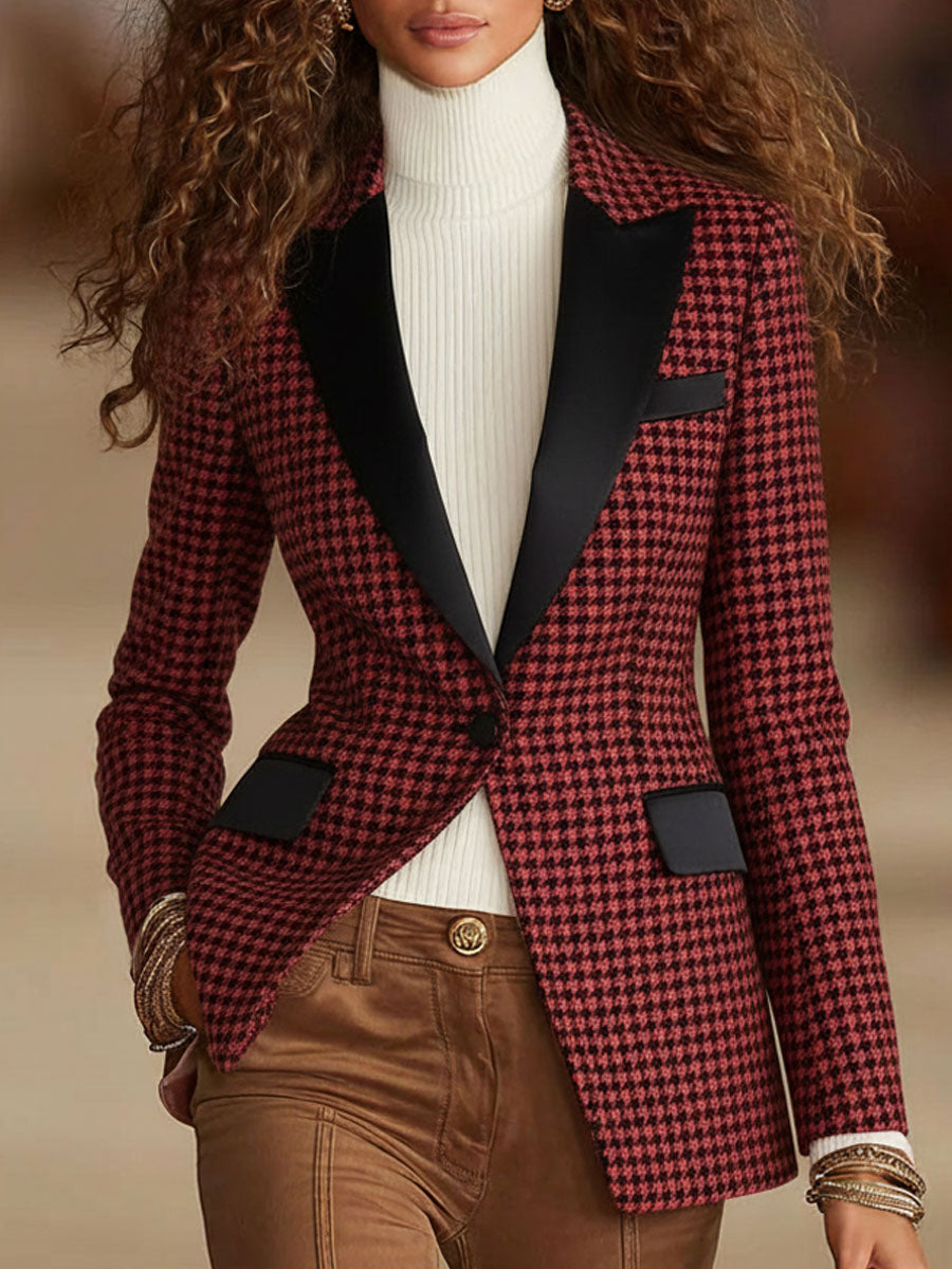 Blazer Décontracté à Carreaux avec Revers et Bouton Unique