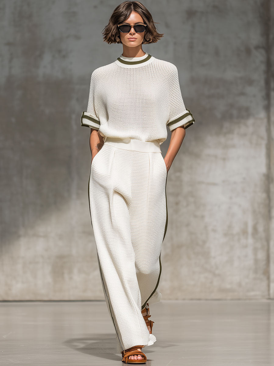 Ensemble Vintage : Chemise Tricotée Blanche à Manches Courtes et Pantalon à Jambes Larges
