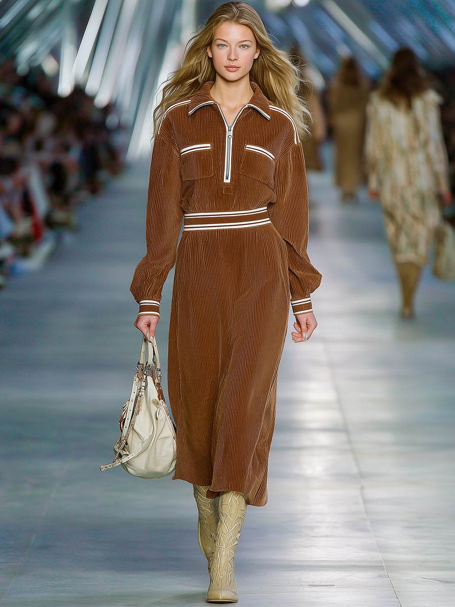 Robe Midi en Velours Côtelé Marron avec Détail Zip et Bord Blanc Vintage