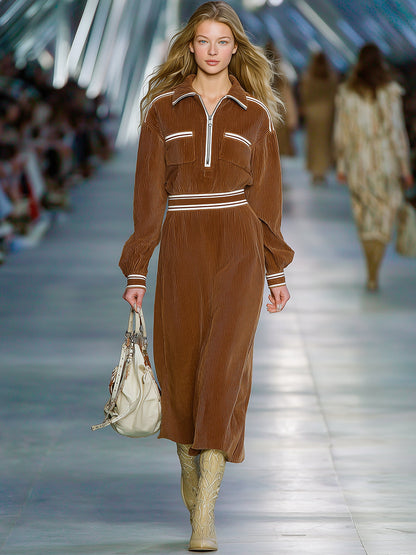 Robe midi en velours côtelé marron à zip demi-ouvert avec élégants bords blancs vintage