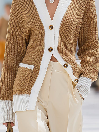 Chic Gilet Tricoté Bicolore Brun et Blanc