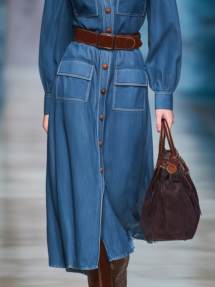 Robe Midi en Jean Vintage Décontractée avec Poches Pratiques et Col Boutonné