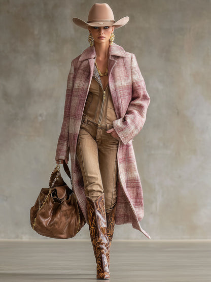 Veste en Laine à Motif Carreaux Roses avec Poches Doubles et Revers Élégants