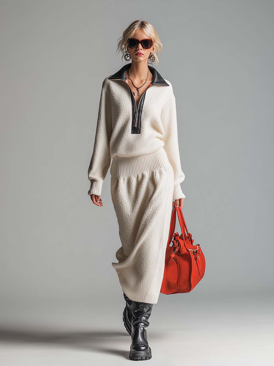 Robe Maxi en Polaire Écrue avec Accents en Cuir et Fermeture Demi-Zip