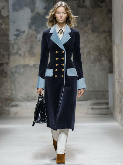 Veste Longue en Velours Bleu Rétro avec Finitions en Velours Marine