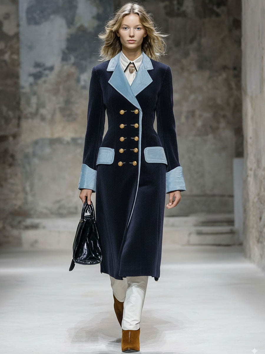 Long Vintage Blue Velvet Coat with Navy Velvet Trim