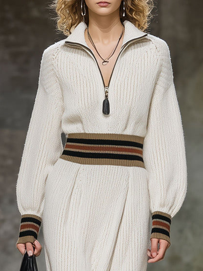 Robe Midi Tricotée Blanche à Rayures Vintage - Style Décontracté