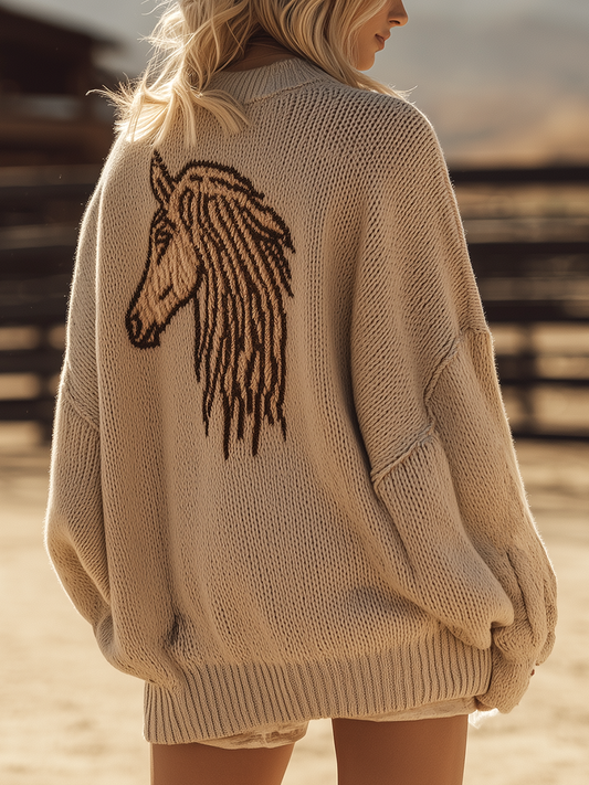 Cardigan Oversize en Tricot avec Motif Rétro de Tête de Cheval Western