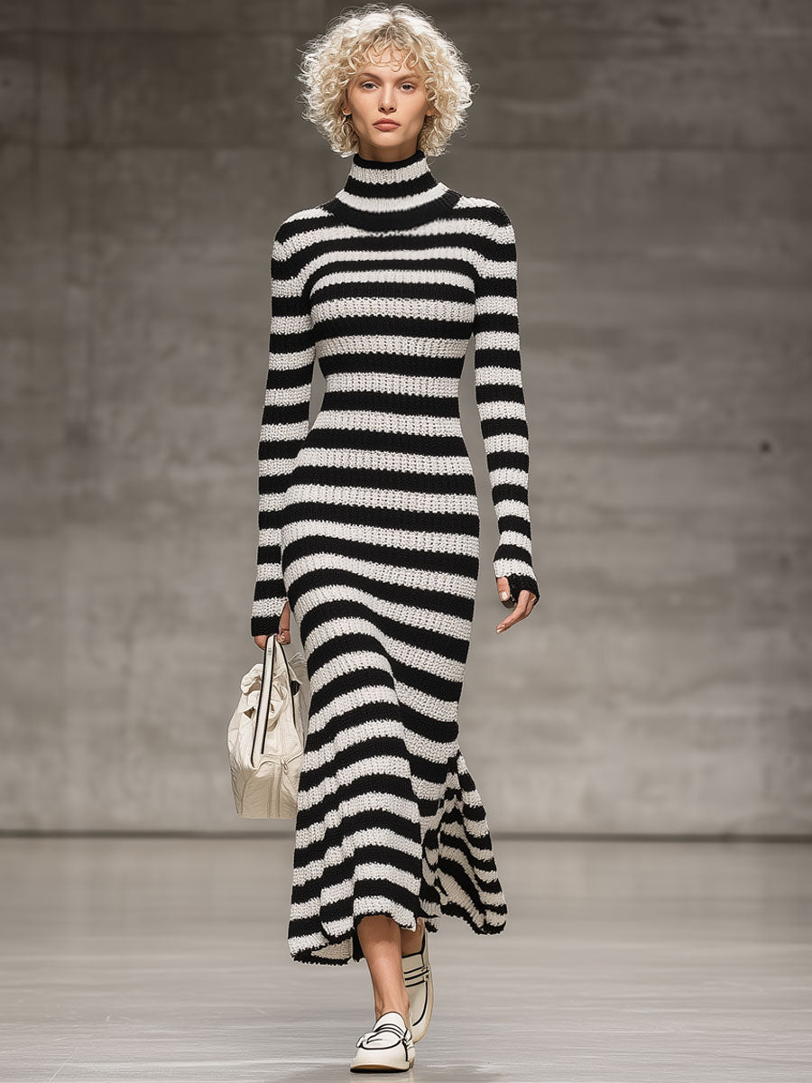 Robe Midi Fishtail Rayée Noir et Blanc à Col Montant - Chic Rétro en Tricot