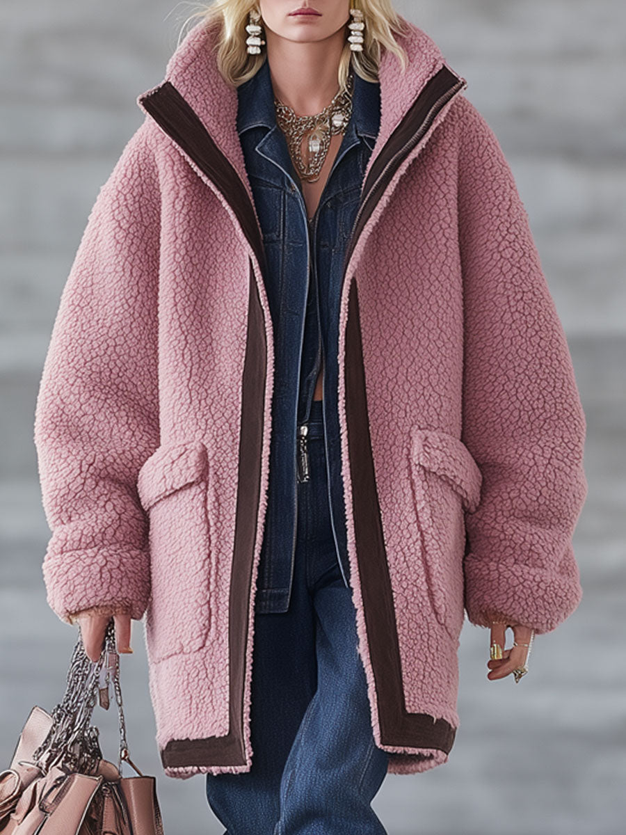 Veste en polaire rose avec accents en suède synthétique - Chic nomade urbain rétro