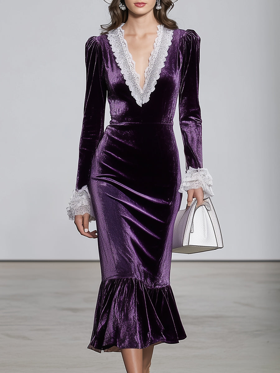 Robe Midi Violet à Encolure en V avec Éléments en Dentelle Blanche