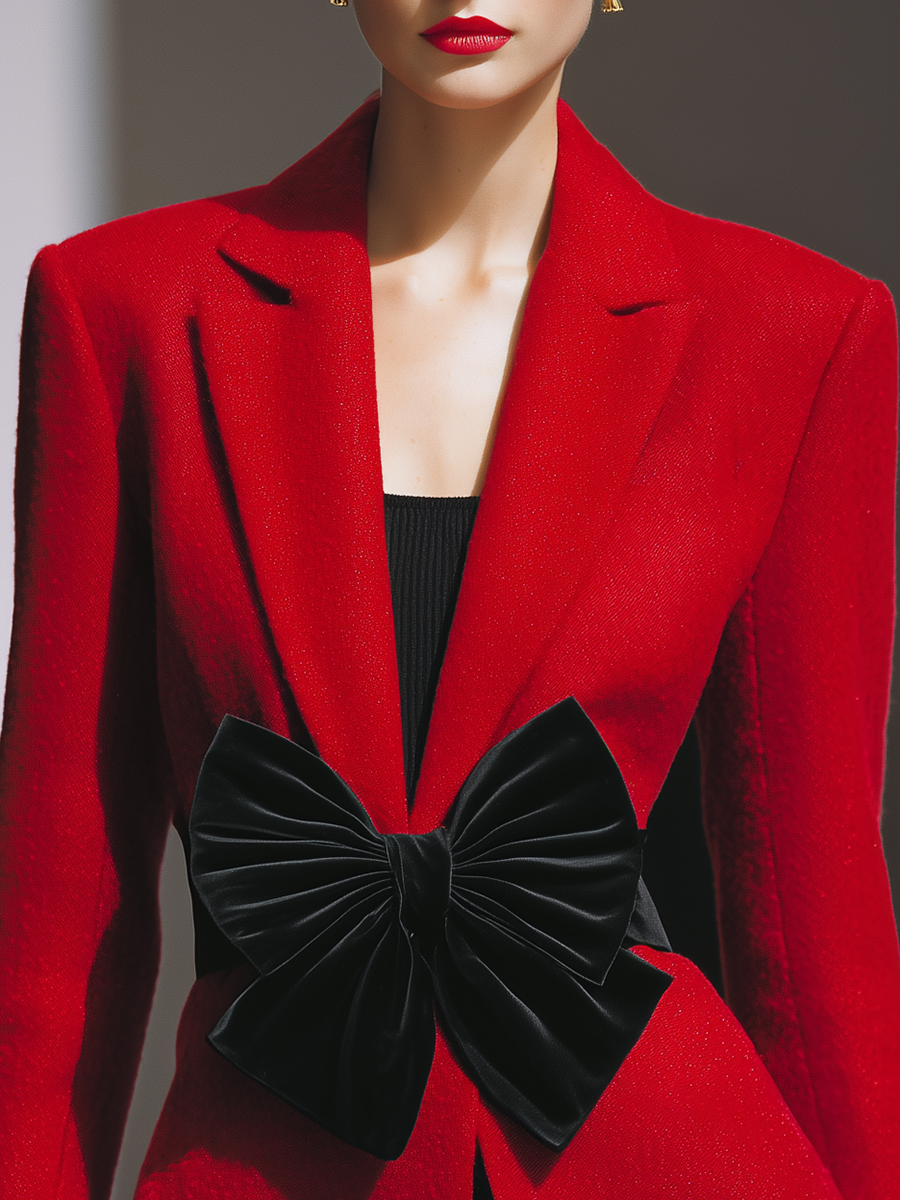 Blazer en Laine avec Nœud en Velours Chic au Style Rétro