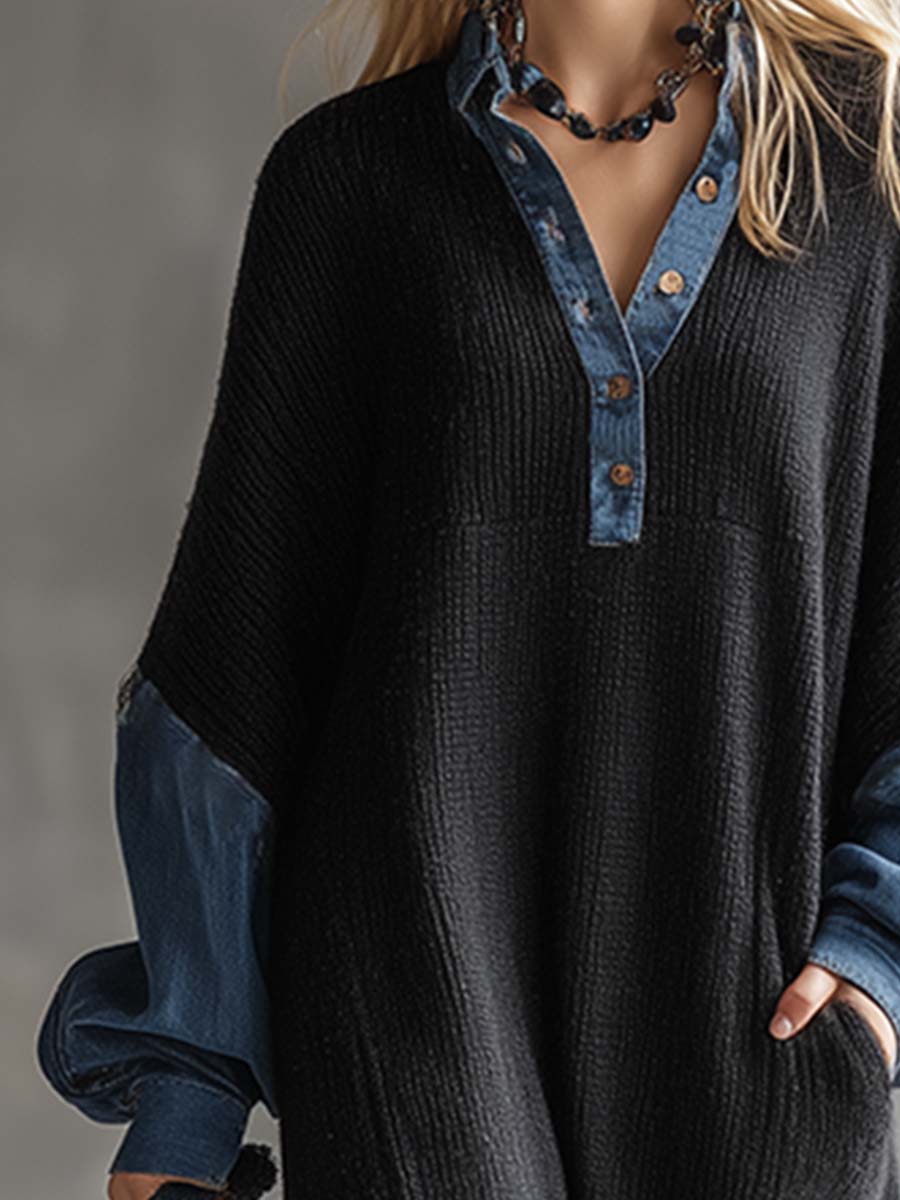Maxi Robe Noire en Tricot Décontractée avec Détails en Denim