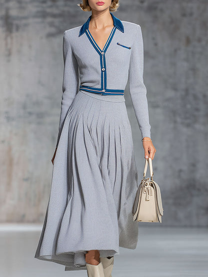 Robe Midi Tricotée Grise Rétro à Manches Longues - Élégance Vintage