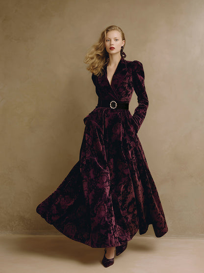 Luxurious Bordeaux Jacquard Velvet Maxi Dress