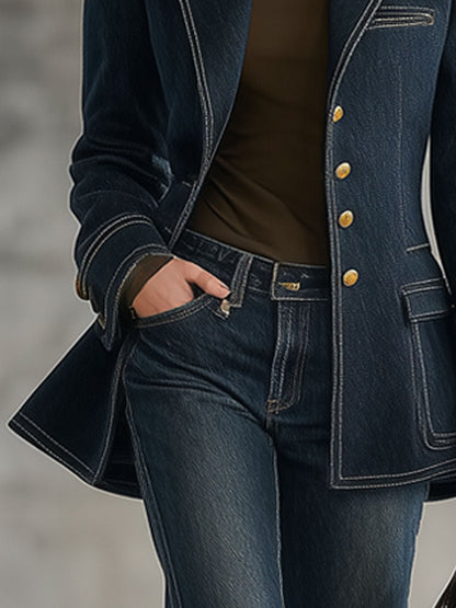 Veste en Jean Bleu Marine avec Détails Rétro