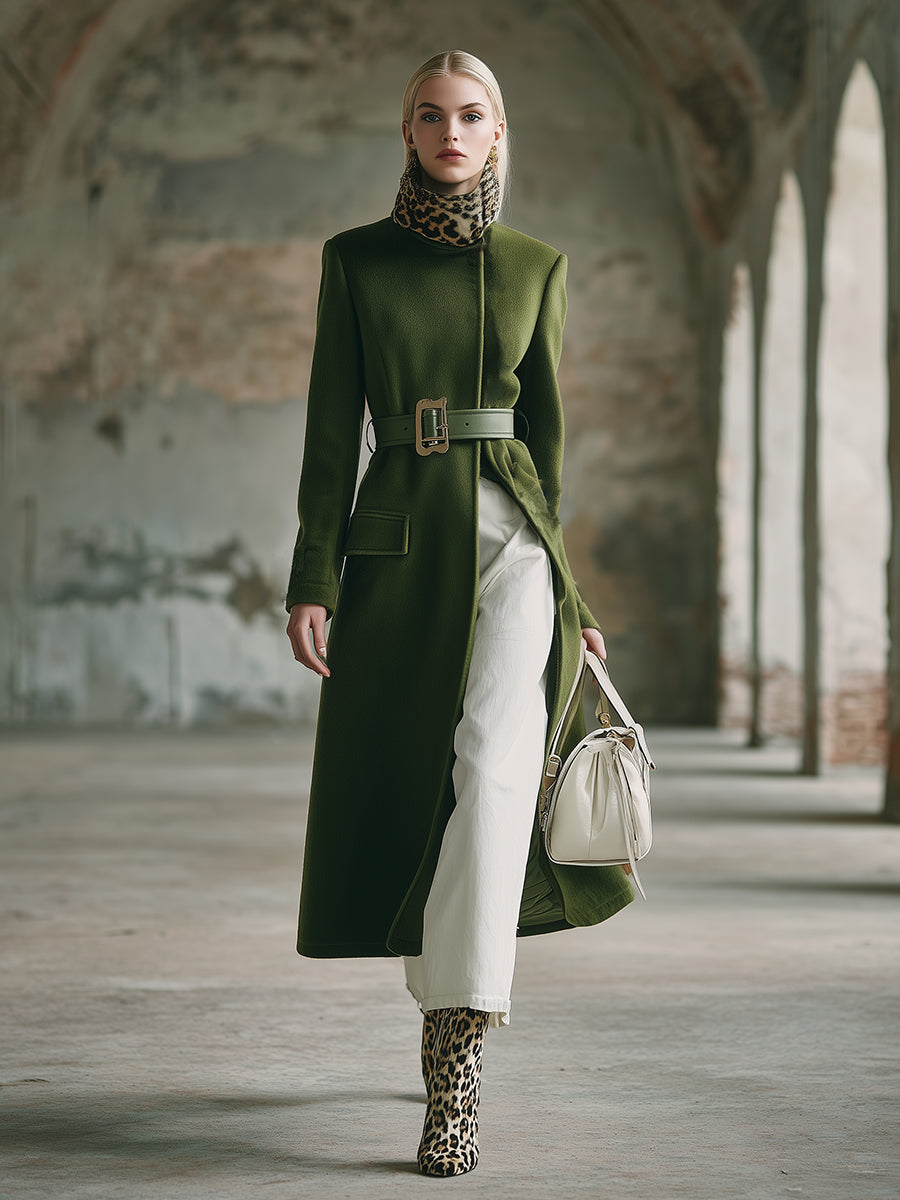 Élégant Manteau Vert Mousse en Laine avec Col en Fourrure Léopard