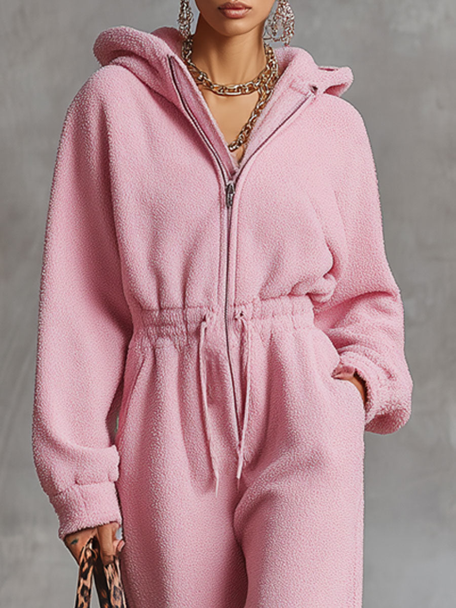 Combinaison Rétro en Polaire Rose avec Capuche