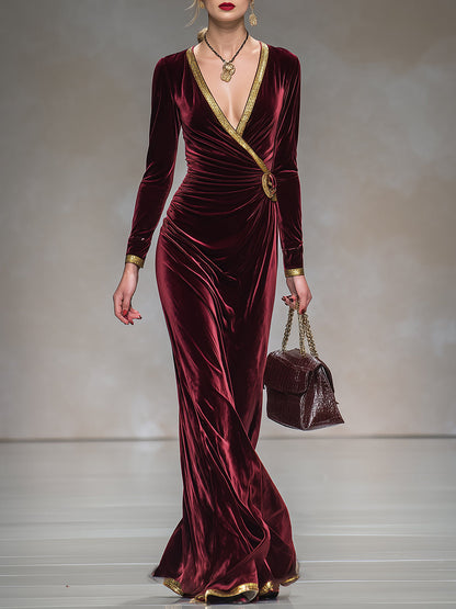 Robe Maxi Bordeaux en Velours avec Éclats Dorés - Élégance et Raffinement