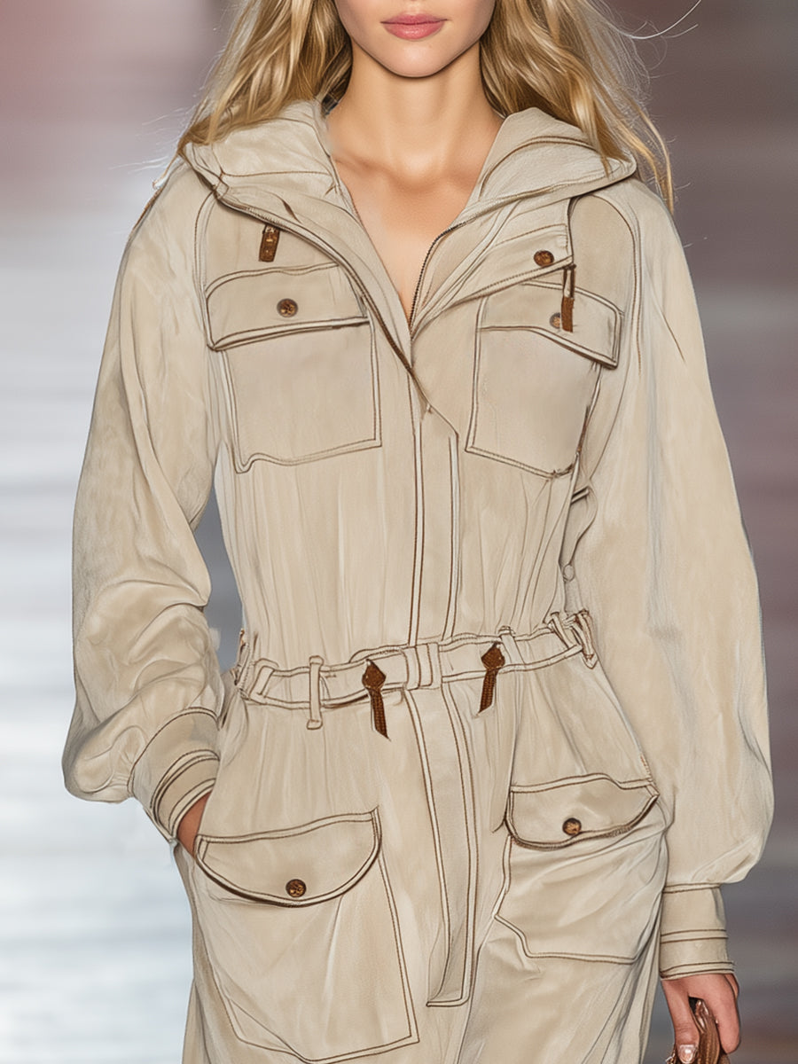 Robe Maxi Décontractée à Capuche Kaki Clair avec Coutures Apparentes et Poches Pratiques