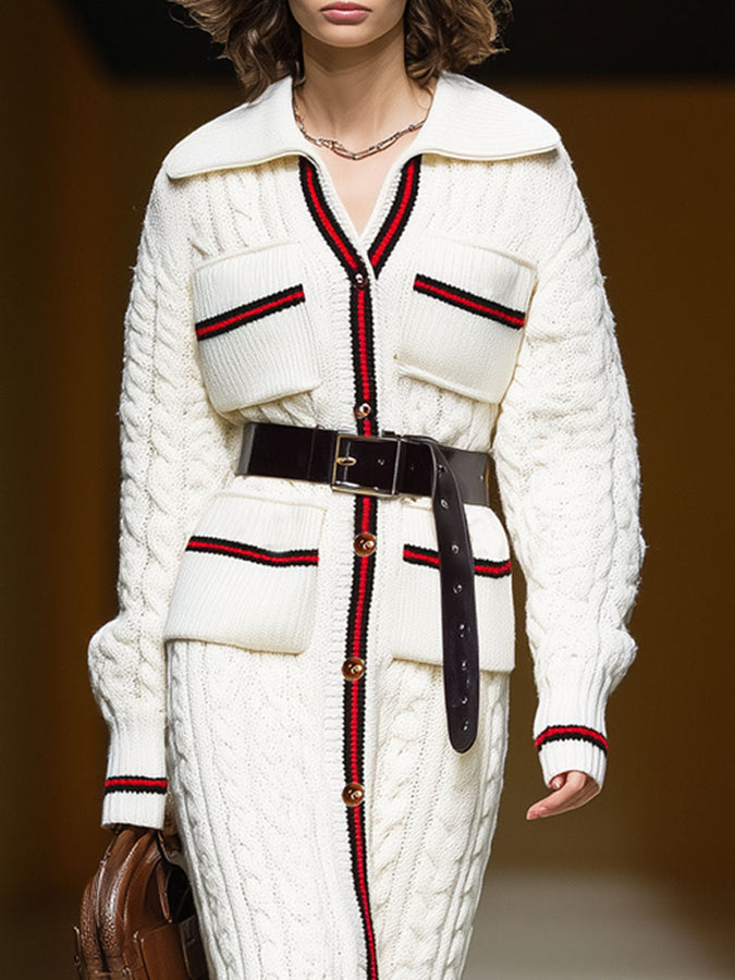 Trench en Tricot à Col Oversize avec Poches Multiples et Ceinture