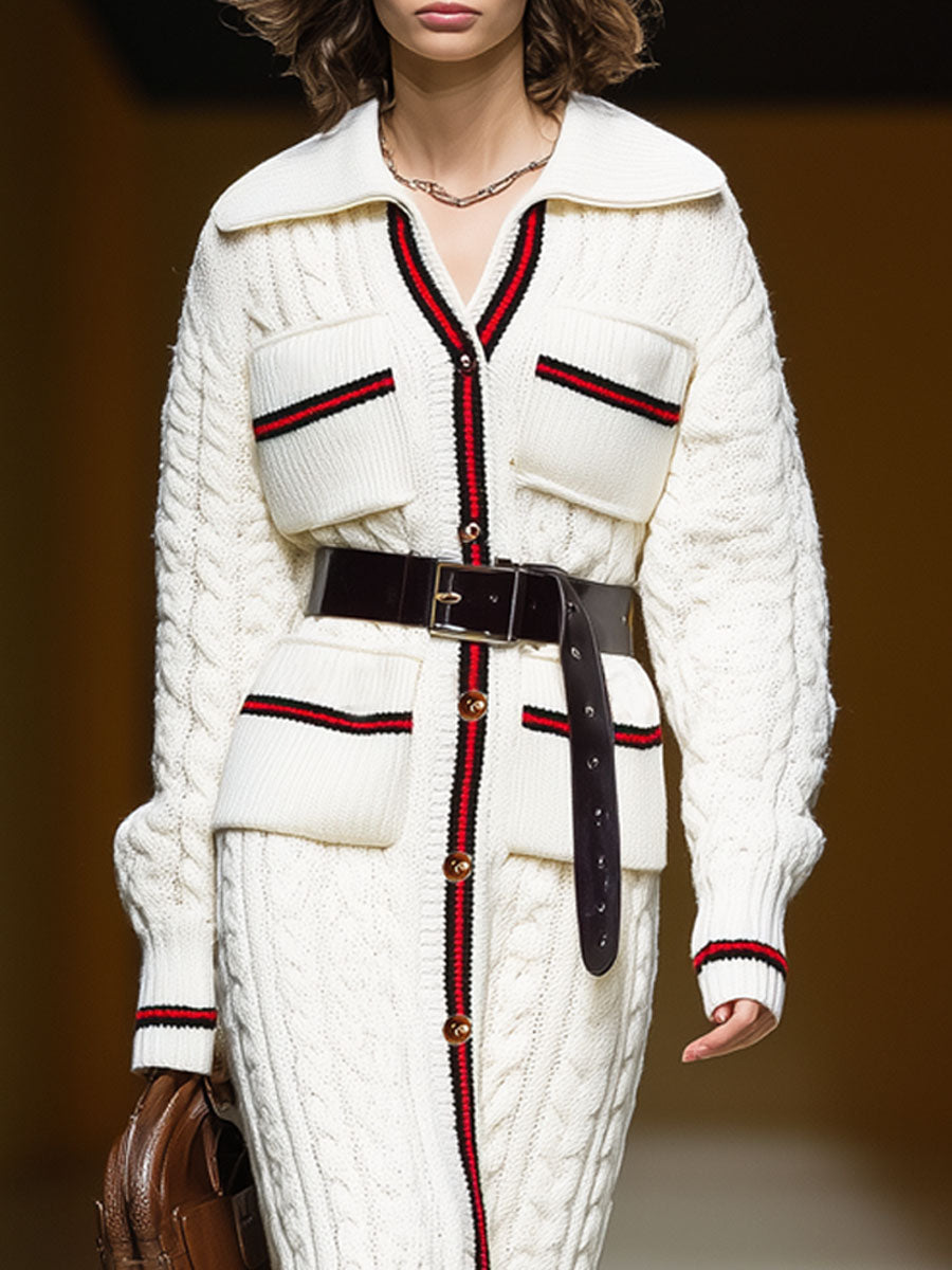 Chic Long Cardigan Tricoté avec Poches Multiples et Col Ceinturé