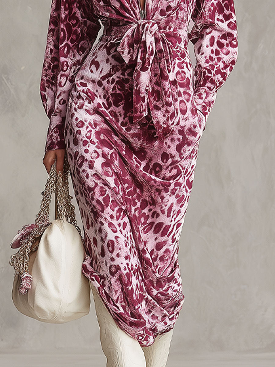 Robe Midi en Velours Imprimé Léopard avec Zip Demi-Ouverture