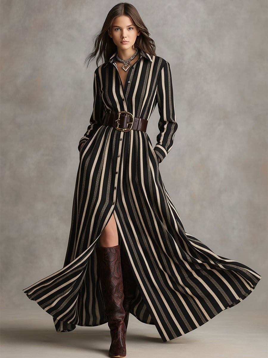 Robe Maxi Retro Ethnique à Boutons - Rayures Marron et Noires