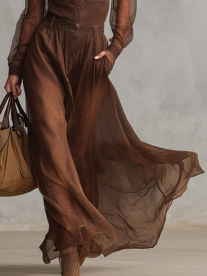 Robe Maxi Vintage Western en Coton Marron à Manches Longues et Décolleté en V avec Boutons
