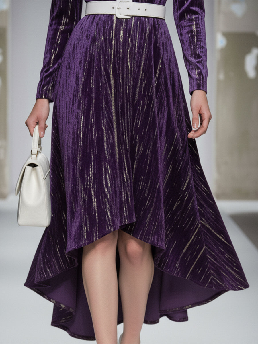 Robe Midi Luxe en Velours Violet avec Estampage à Chaud et Col Rond