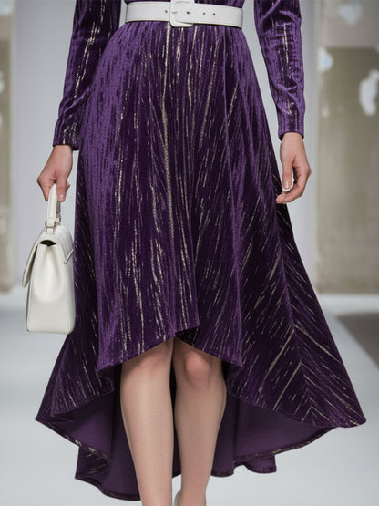 Robe Midi Luxe en Velours Violet avec Estampage à Chaud et Col Rond