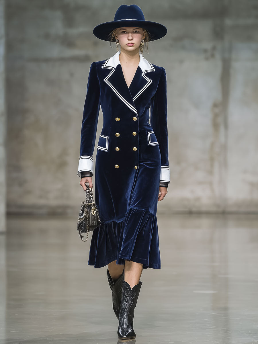 Robe Midi en Velours Marine à Volants avec Détails Écrus