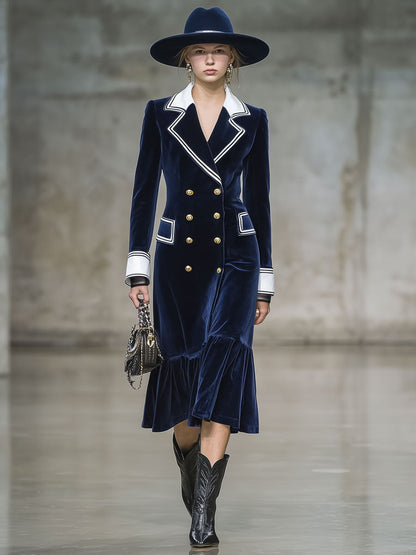 Robe Midi en Velours Marine à Volants avec Détails Écrus