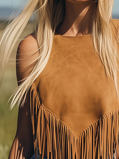 【Expédition sous 24 heures】Débardeur en suède caramel vintage avec franges - Élégance intemporelle