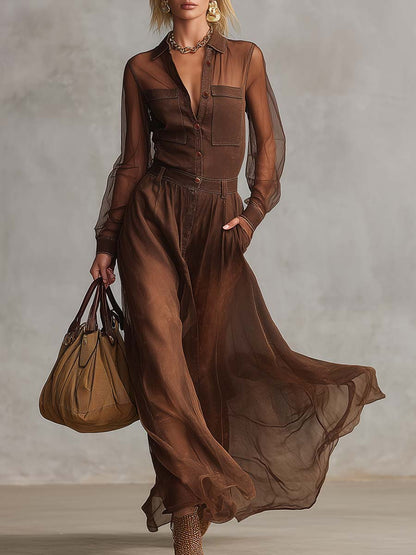 Robe Maxi Vintage en Coton Marron avec Manches Longues en Organza, Décolleté en V et Boutons Frontaux