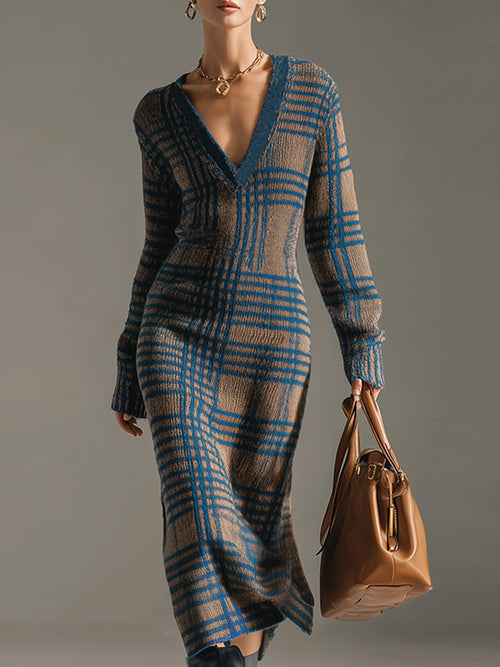 Élégante Robe Midi Tricotée V-Neck à Carreaux Bleu Kaki au Style Rétro