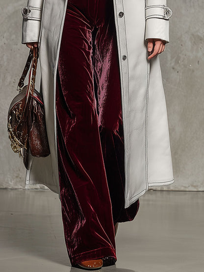 Long White Faux Leather Coat with Retro Fur Collar - Effortlessly Chic