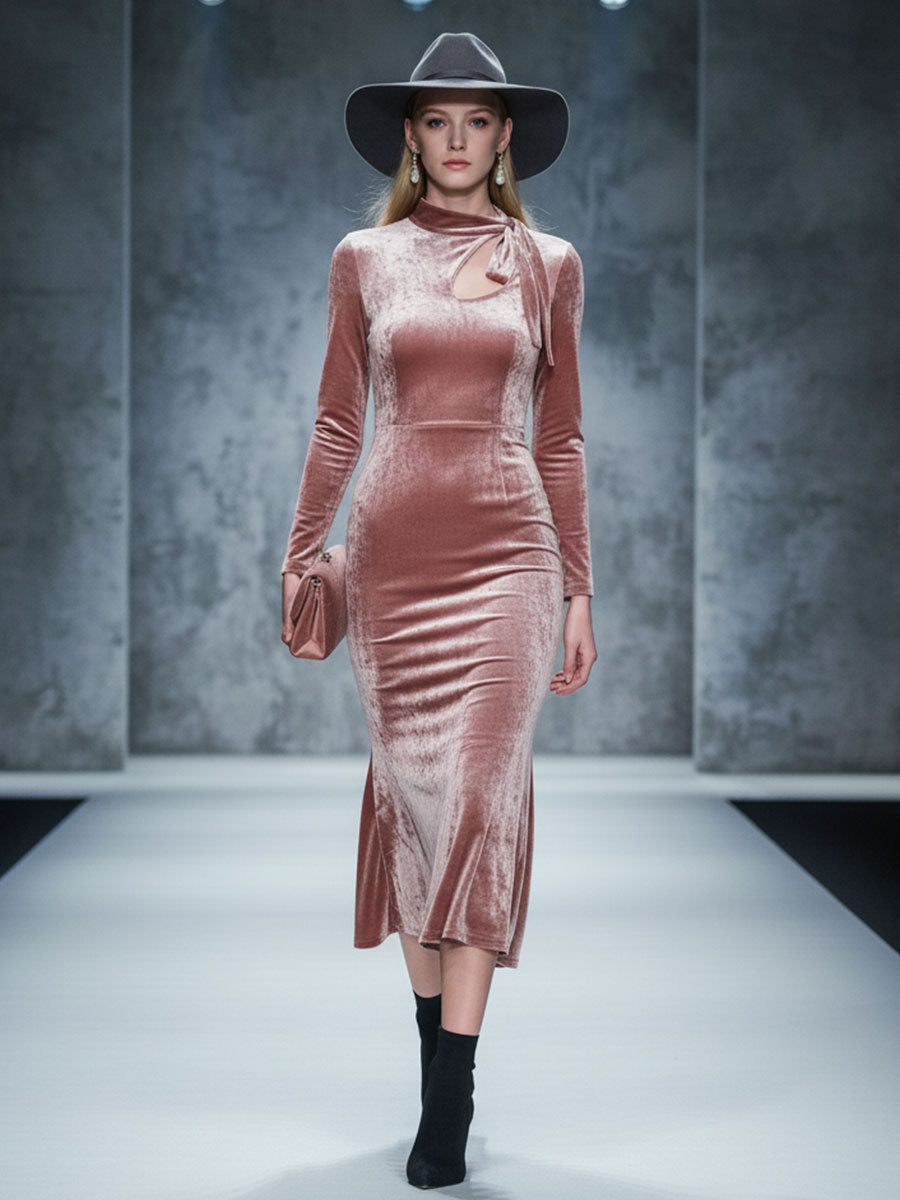 Exquisite Pink Velvet Vintage Midi Dress