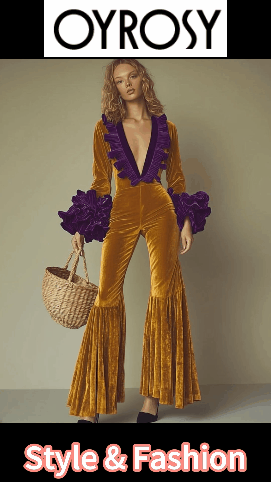 Combinaison Élégante en Velours Doré avec Volants Violets à Manches Longues - Parfaite pour vos Soirées Chic